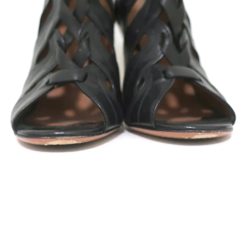 Alaia Schnürstiefeletten Schwarz Ausgeschnittenes Leder Größe 36.5 Offene Zehen Knöchelstiefel