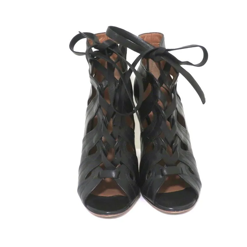 Alaia Schnürstiefeletten Schwarz Ausgeschnittenes Leder Größe 36.5 Offene Zehen Knöchelstiefel