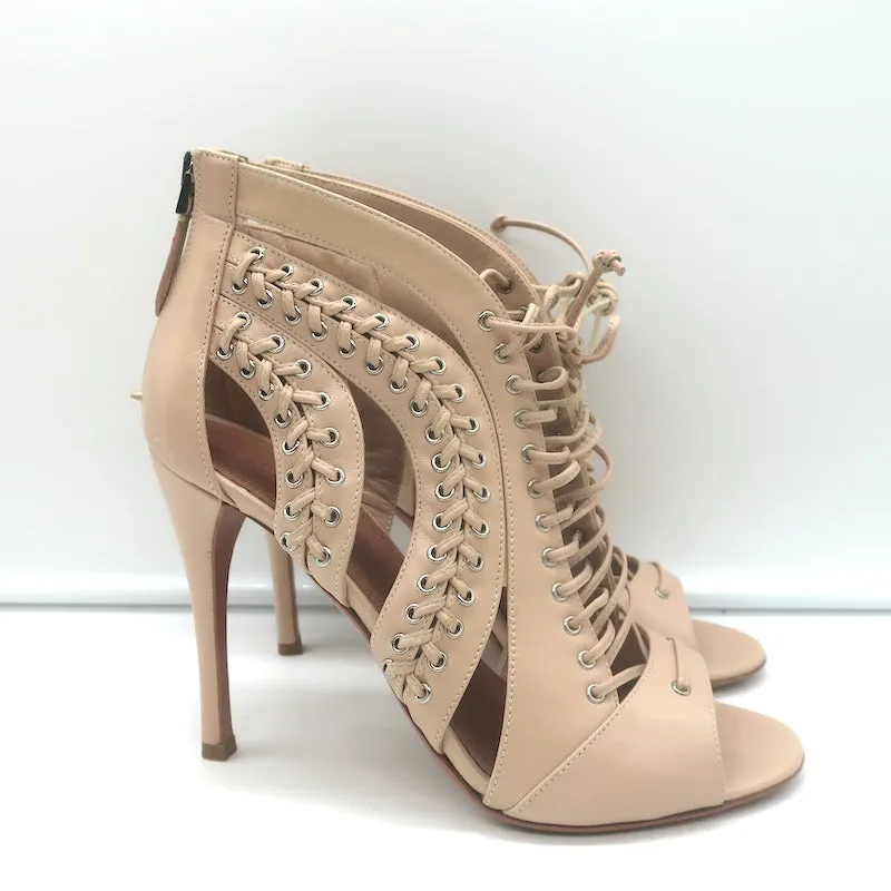 Alaia Schnürstiefeletten mit Ausschnitten in Nude-Leder Größe 38.5 Offene Zehen Knöchelstiefel