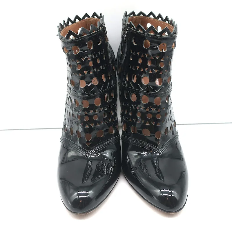 Alaia Laser-Cut Stiefeletten Schwarz Lackleder Größe 38.5 High Heel Booties