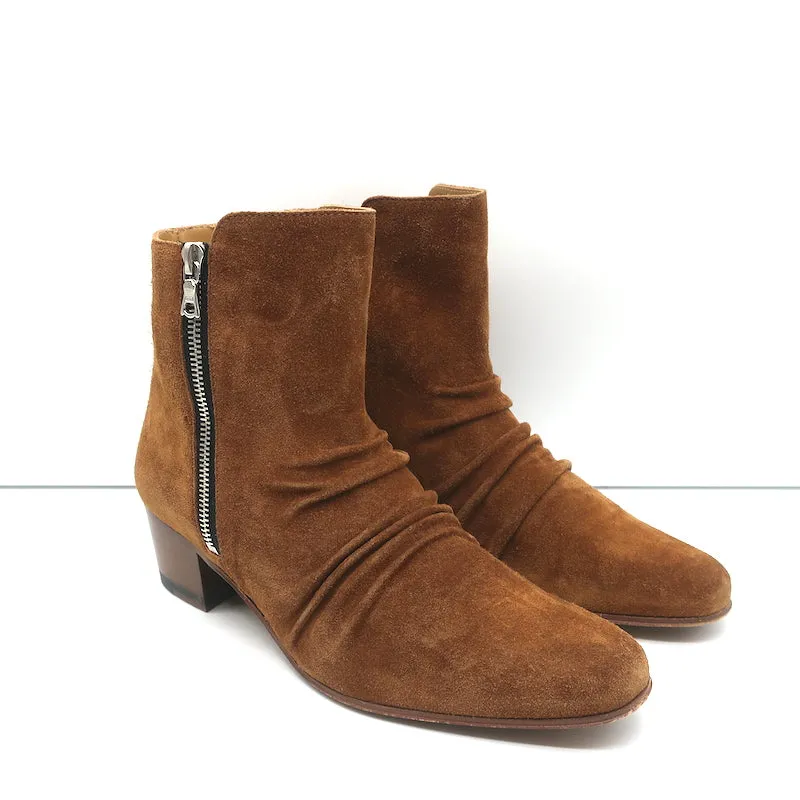 Amiri Geraffte Knöchelstiefel Braun Wildleder Größe 38.5 Seitlicher Reißverschluss Stiefeletten