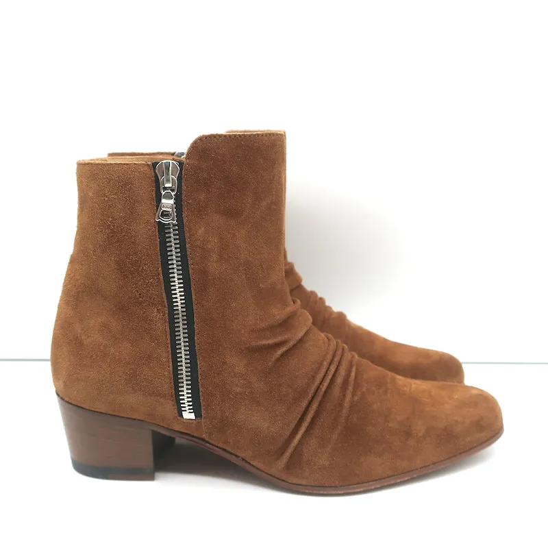 Amiri Geraffte Knöchelstiefel Braun Wildleder Größe 38.5 Seitlicher Reißverschluss Stiefeletten