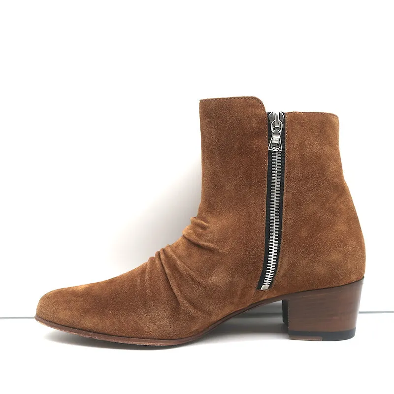 Amiri Geraffte Knöchelstiefel Braun Wildleder Größe 38.5 Seitlicher Reißverschluss Stiefeletten