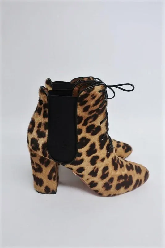 Aquazzura Knöchelstiefel Victoria Leopardenprint Kalbshaar Größe 37 Schnürstiefeletten