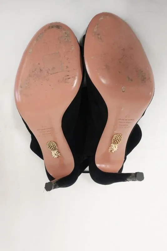 Aquazzura Booties Pasadena Schwarz Ausschnitt Wildleder Größe 39 Offene Zehen Rückenverschluss Absatz