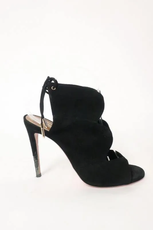 Aquazzura Booties Pasadena Schwarz Ausschnitt Wildleder Größe 39 Offene Zehen Rückenverschluss Absatz