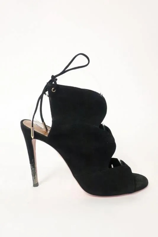 Aquazzura Booties Pasadena Schwarz Ausschnitt Wildleder Größe 39 Offene Zehen Rückenverschluss Absatz