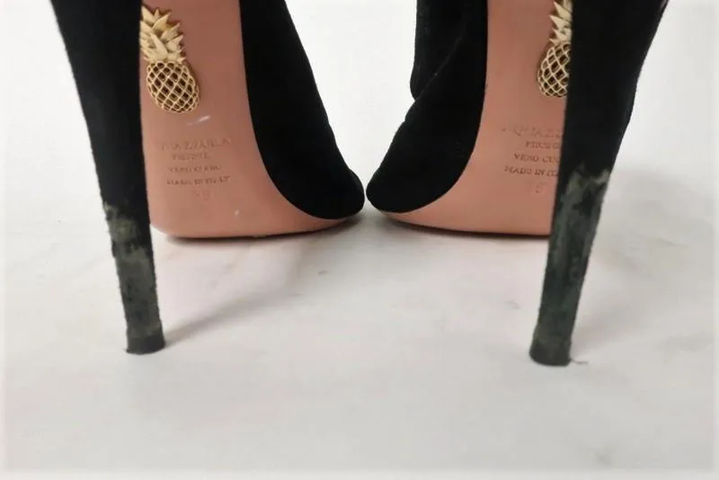 Aquazzura Booties Pasadena Schwarz Ausschnitt Wildleder Größe 39 Offene Zehen Rückenverschluss Absatz