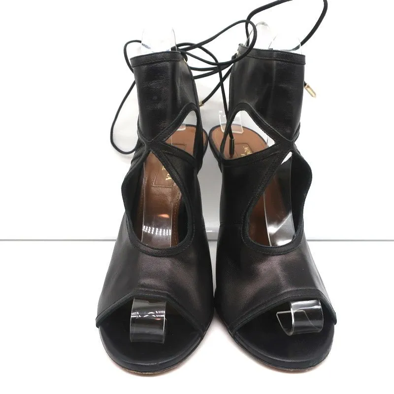 Aquazzura Sexy Thing Cutout Stiefeletten Schwarz Leder Größe 38 Offene Zehen Absätze