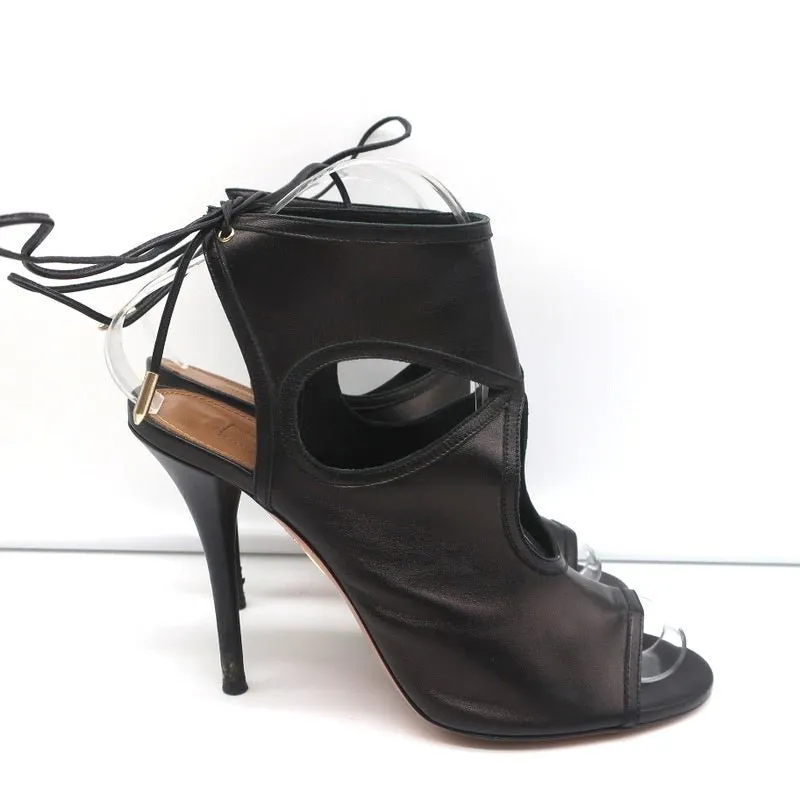 Aquazzura Sexy Thing Cutout Stiefeletten Schwarz Leder Größe 38 Offene Zehen Absätze