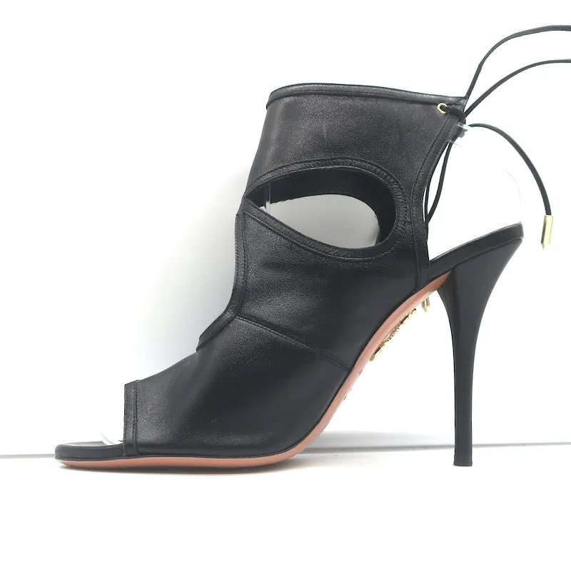 Aquazzura Sexy Thing Ausschnitt Stiefeletten Schwarz Leder Größe 39 Offene Zehen Absätze