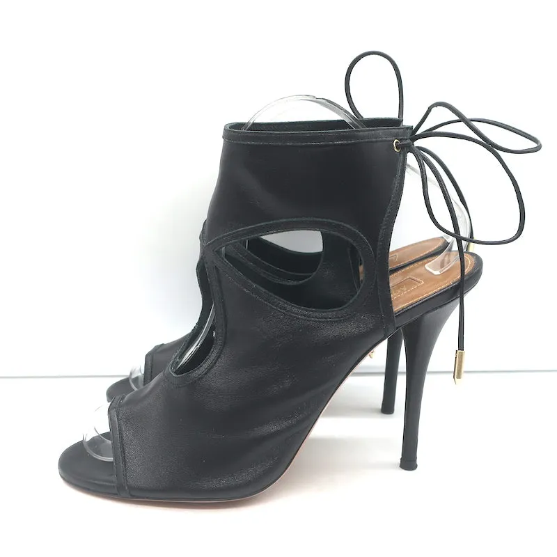 Aquazzura Sexy Thing Ausschnitt Stiefeletten Schwarz Leder Größe 39 Offene Zehen Absätze
