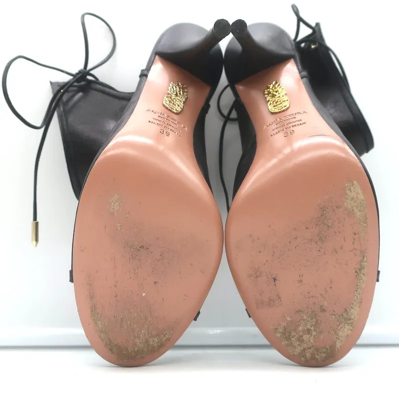 Aquazzura Sexy Thing Ausschnitt Stiefeletten Schwarz Leder Größe 39 Offene Zehen Absätze