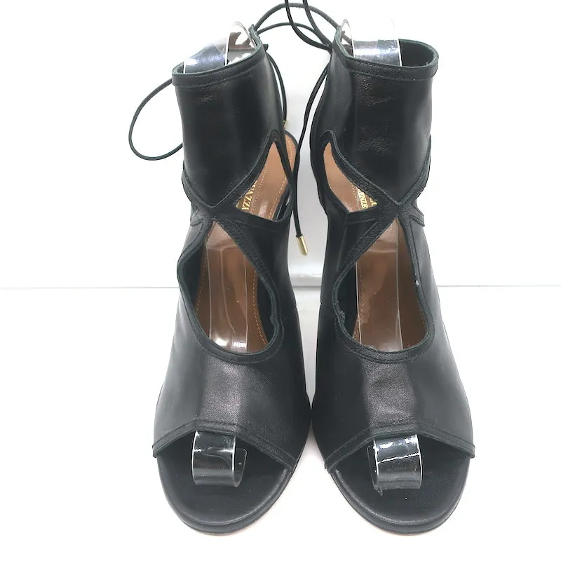 Aquazzura Sexy Thing Ausschnitt Stiefeletten Schwarz Leder Größe 39 Offene Zehen Absätze
