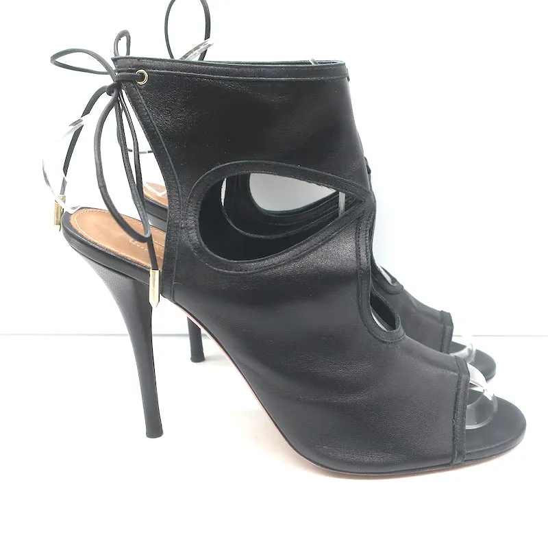 Aquazzura Sexy Thing Ausschnitt Stiefeletten Schwarz Leder Größe 39 Offene Zehen Absätze