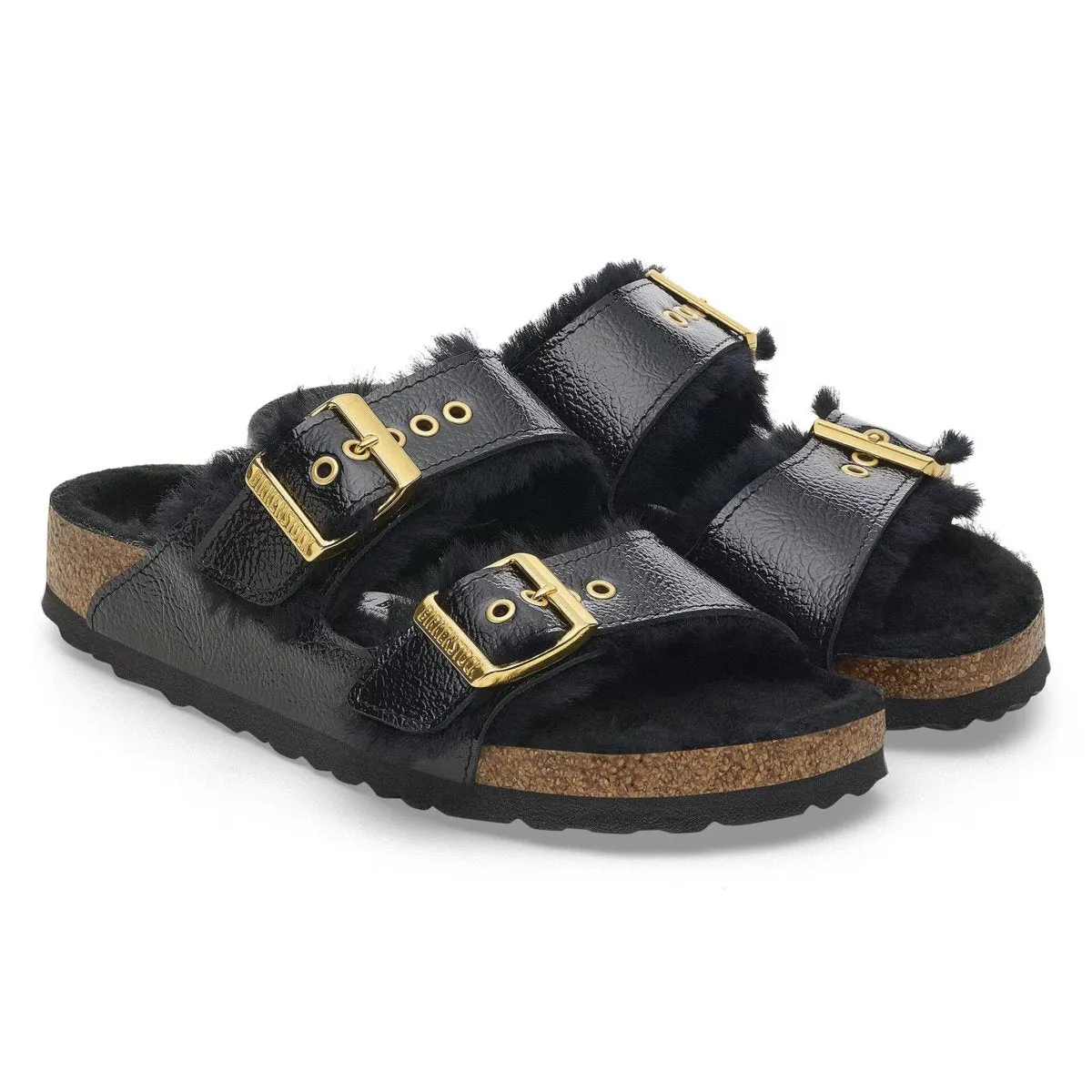 Birkenstock Damen Arizona Shearling Ösen Naplak Schwarz Lackleder