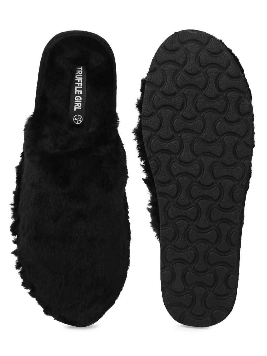 Schwarze Kunstpelz-Flauschige Schlüpfer