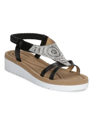 Schwarze PU-Diamant-Doppelriemen-Plattform-Slip-On-Sandalen