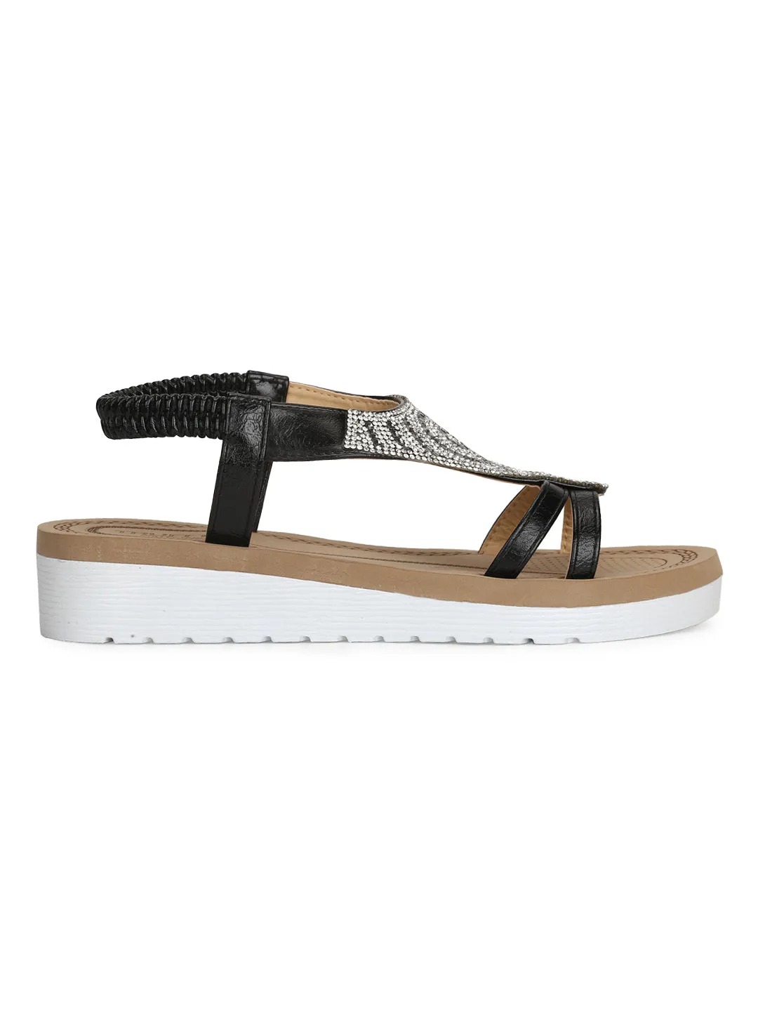 Schwarze PU-Diamant-Doppelriemen-Plattform-Slip-On-Sandalen