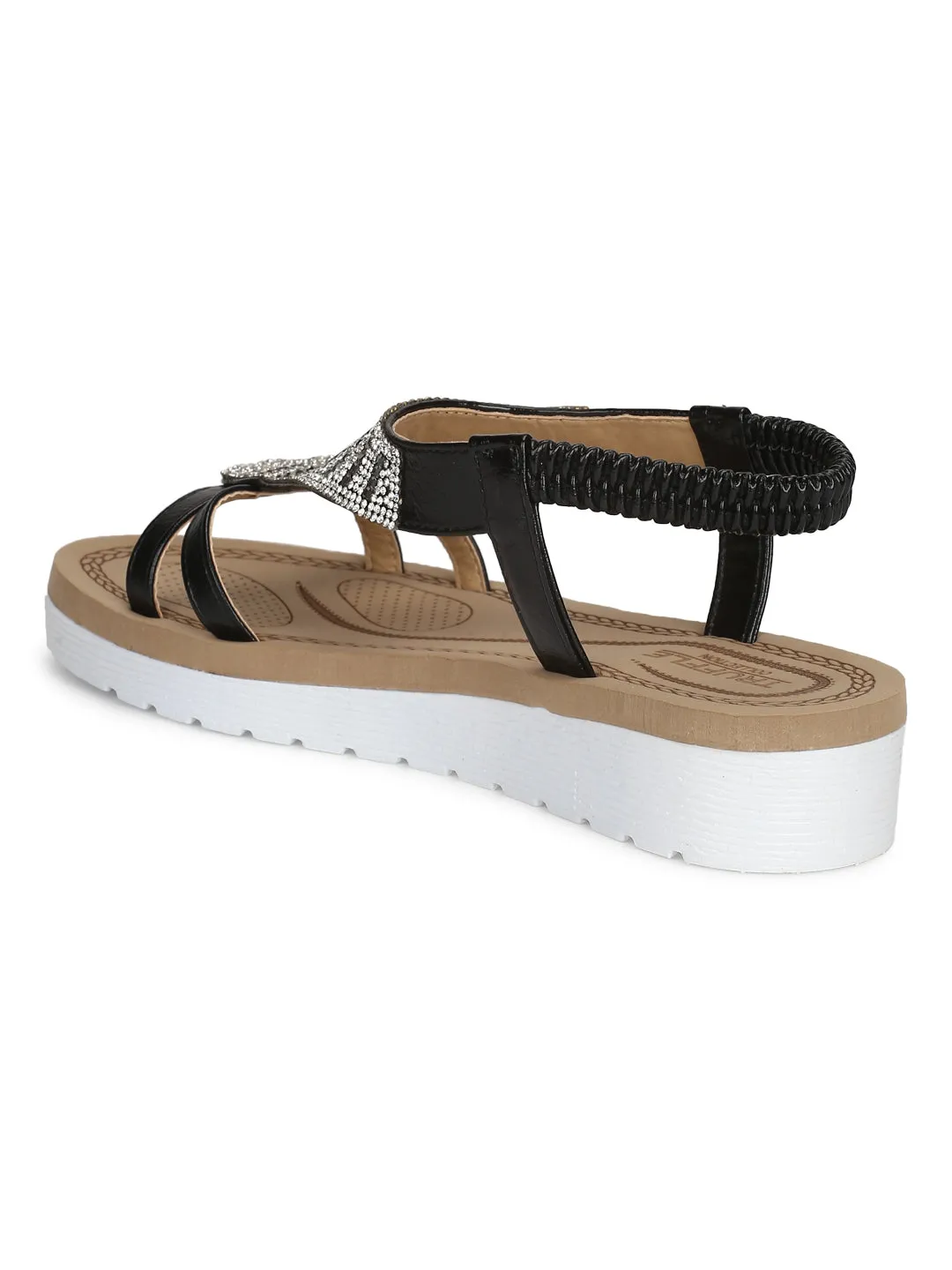 Schwarze PU-Diamant-Doppelriemen-Plattform-Slip-On-Sandalen