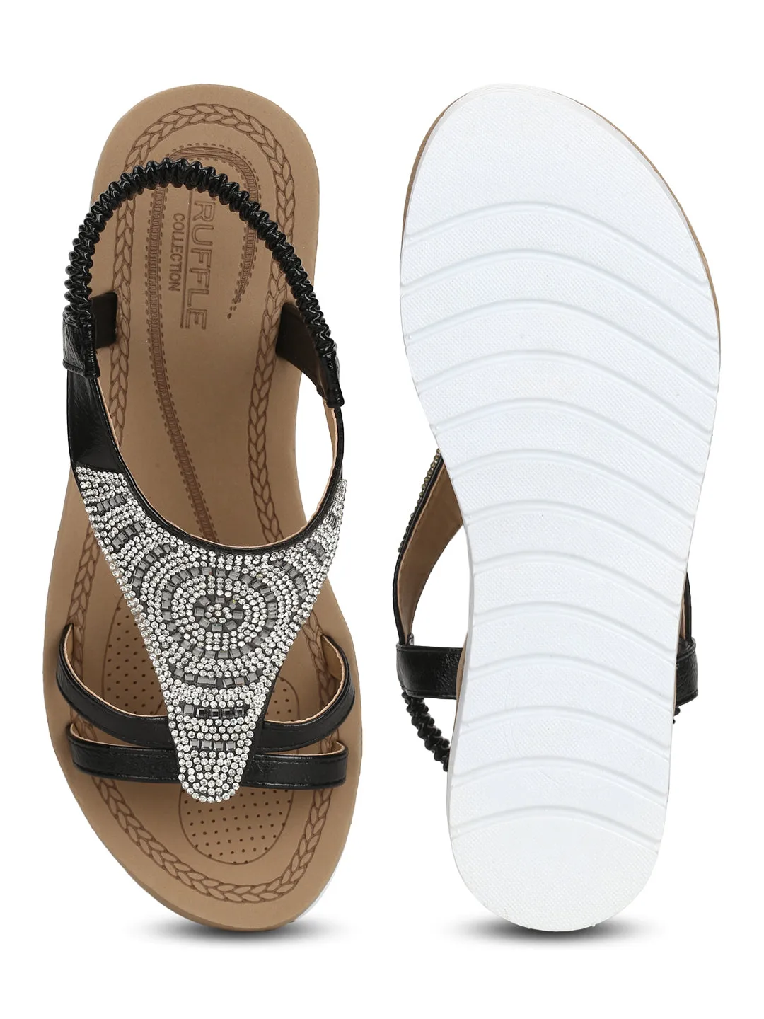 Schwarze PU-Diamant-Doppelriemen-Plattform-Slip-On-Sandalen