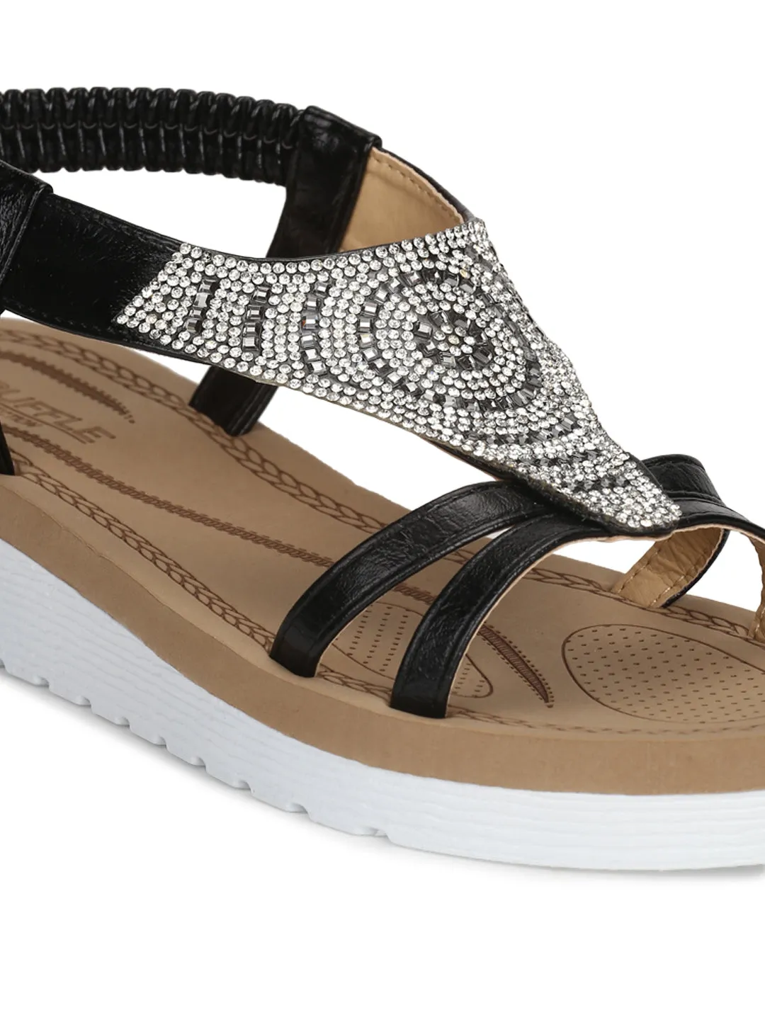 Schwarze PU-Diamant-Doppelriemen-Plattform-Slip-On-Sandalen