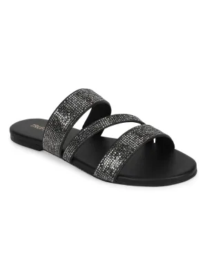 Schwarze PU-Slipper mit Riemchen und Strass (TC-ST-1214-BLK)