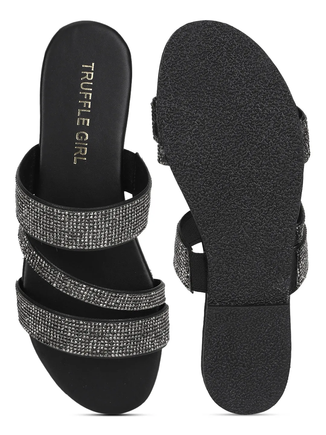 Schwarze PU-Slipper mit Riemchen und Strass (TC-ST-1214-BLK)