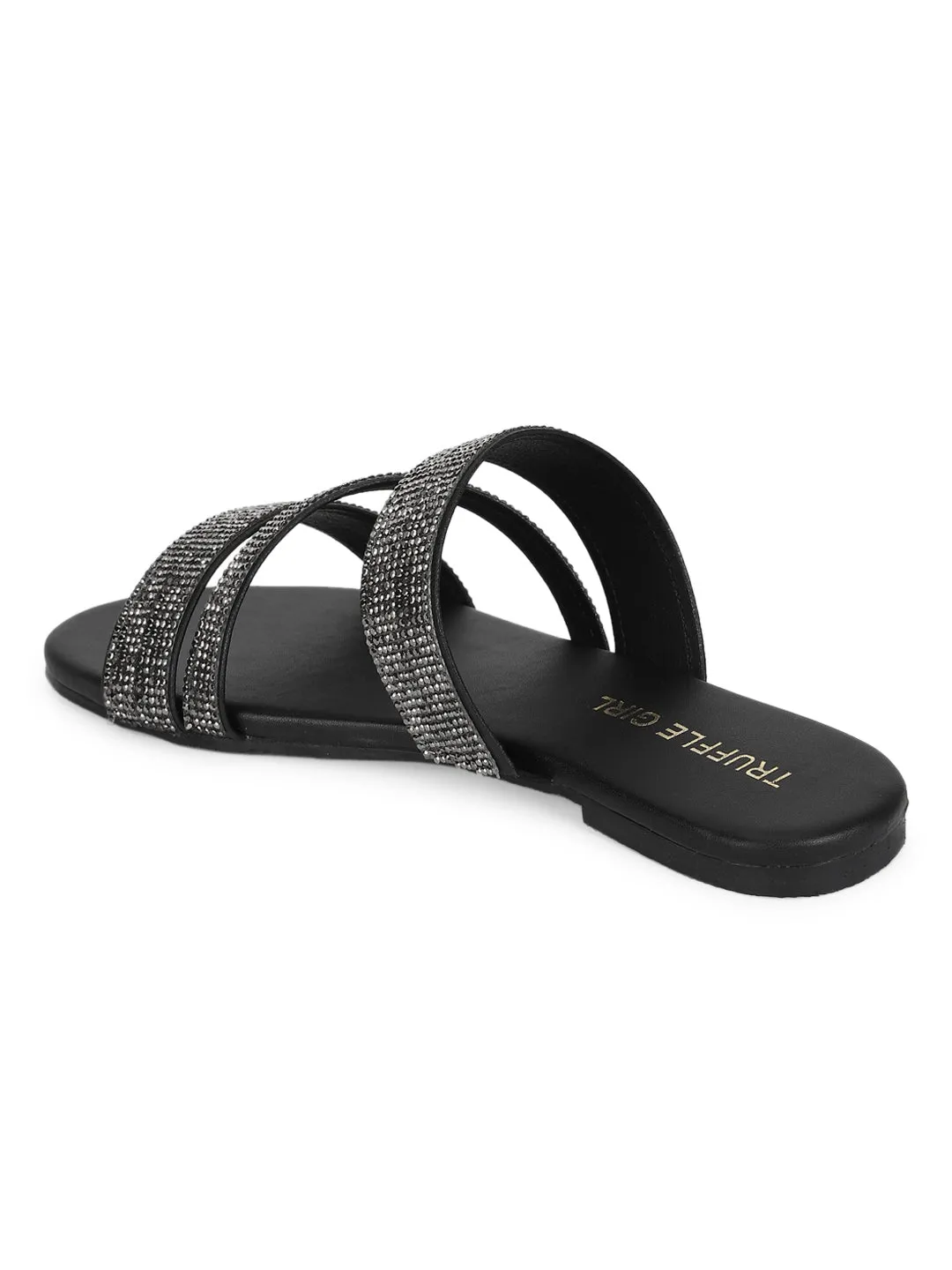Schwarze PU-Slipper mit Riemchen und Strass (TC-ST-1214-BLK)