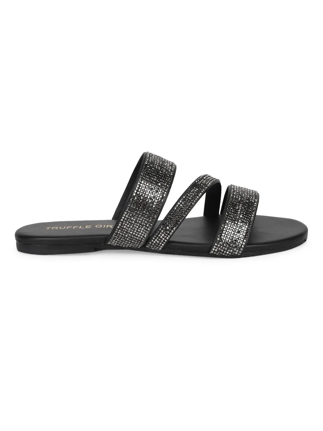 Schwarze PU-Slipper mit Riemchen und Strass (TC-ST-1214-BLK)