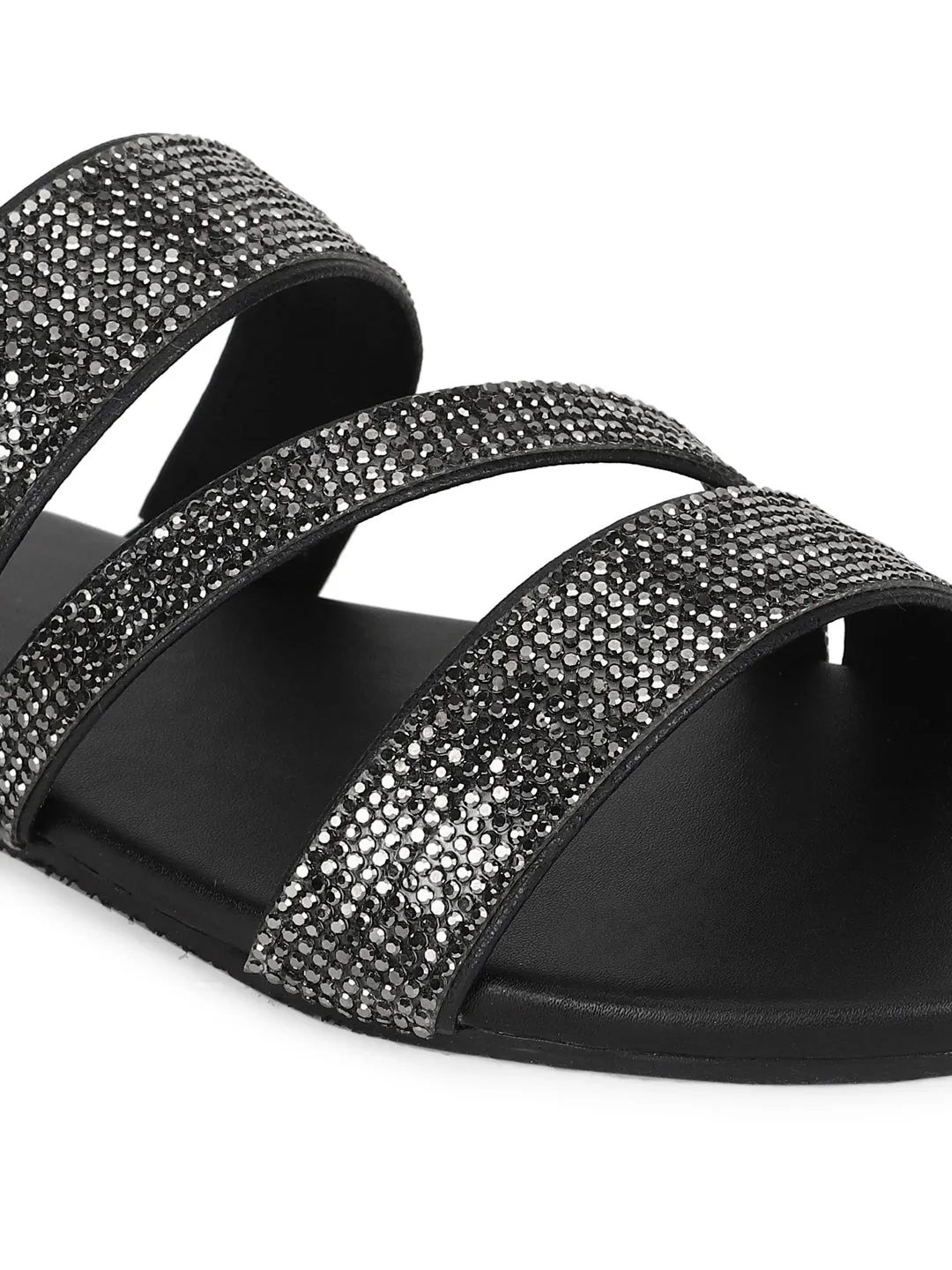 Schwarze PU-Slipper mit Riemchen und Strass (TC-ST-1214-BLK)