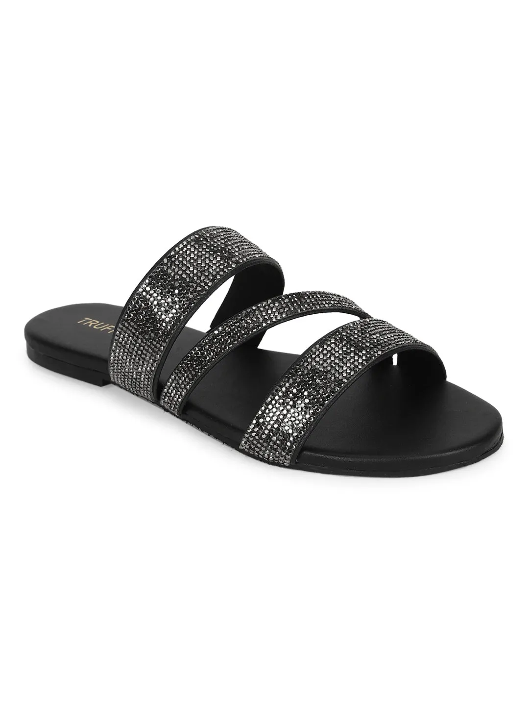 Schwarze PU-Slipper mit Riemchen und Strass (TC-ST-1214-BLK)