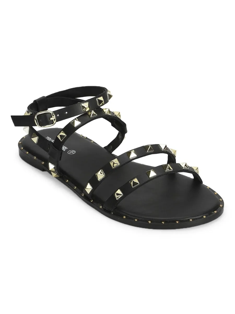 Schwarze PU-Sandalen mit Nieten und flacher Sohle