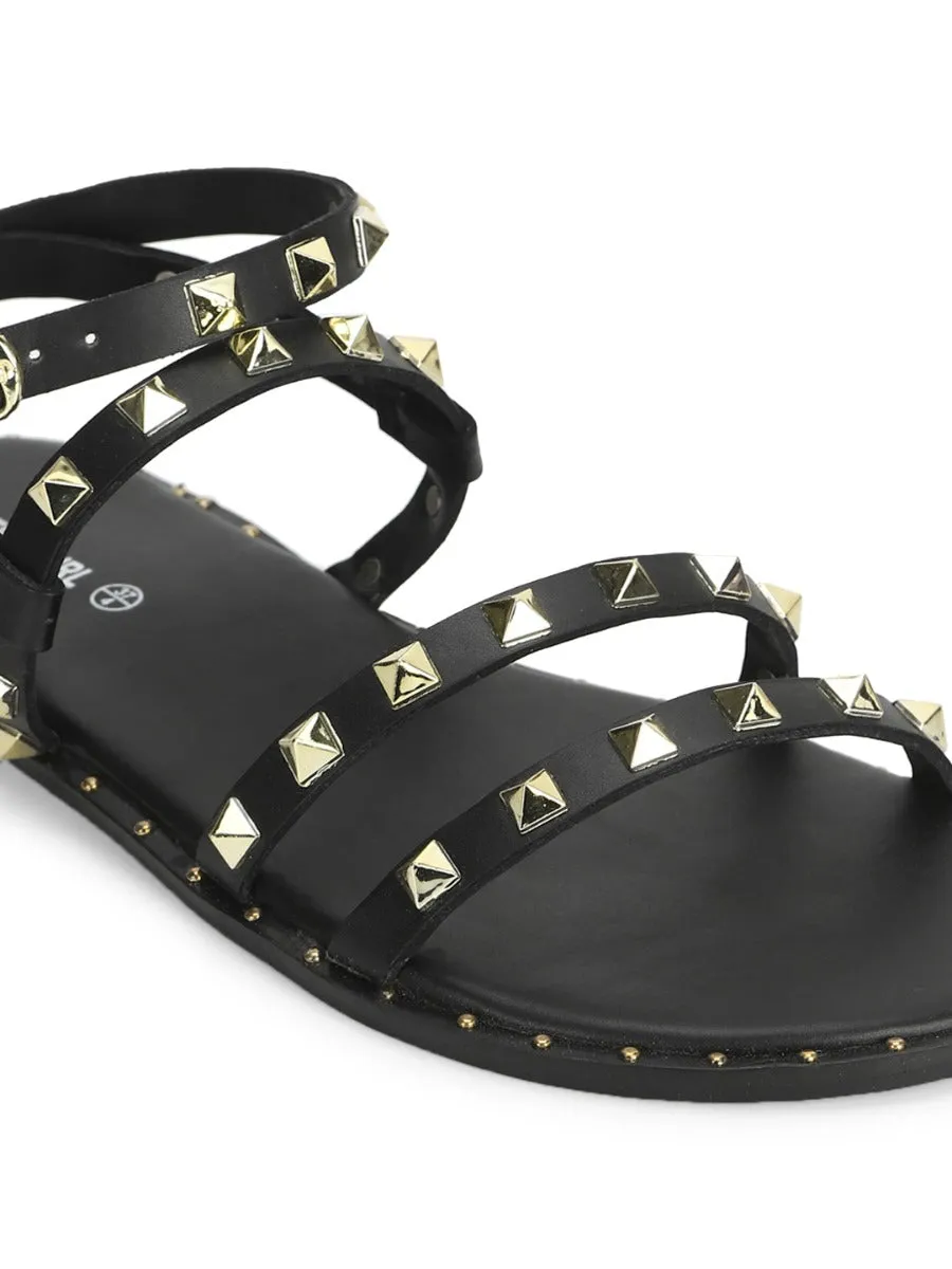 Schwarze PU-Sandalen mit Nieten und flacher Sohle