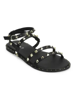Schwarze PU-Sandalen mit Nieten und flacher Sohle