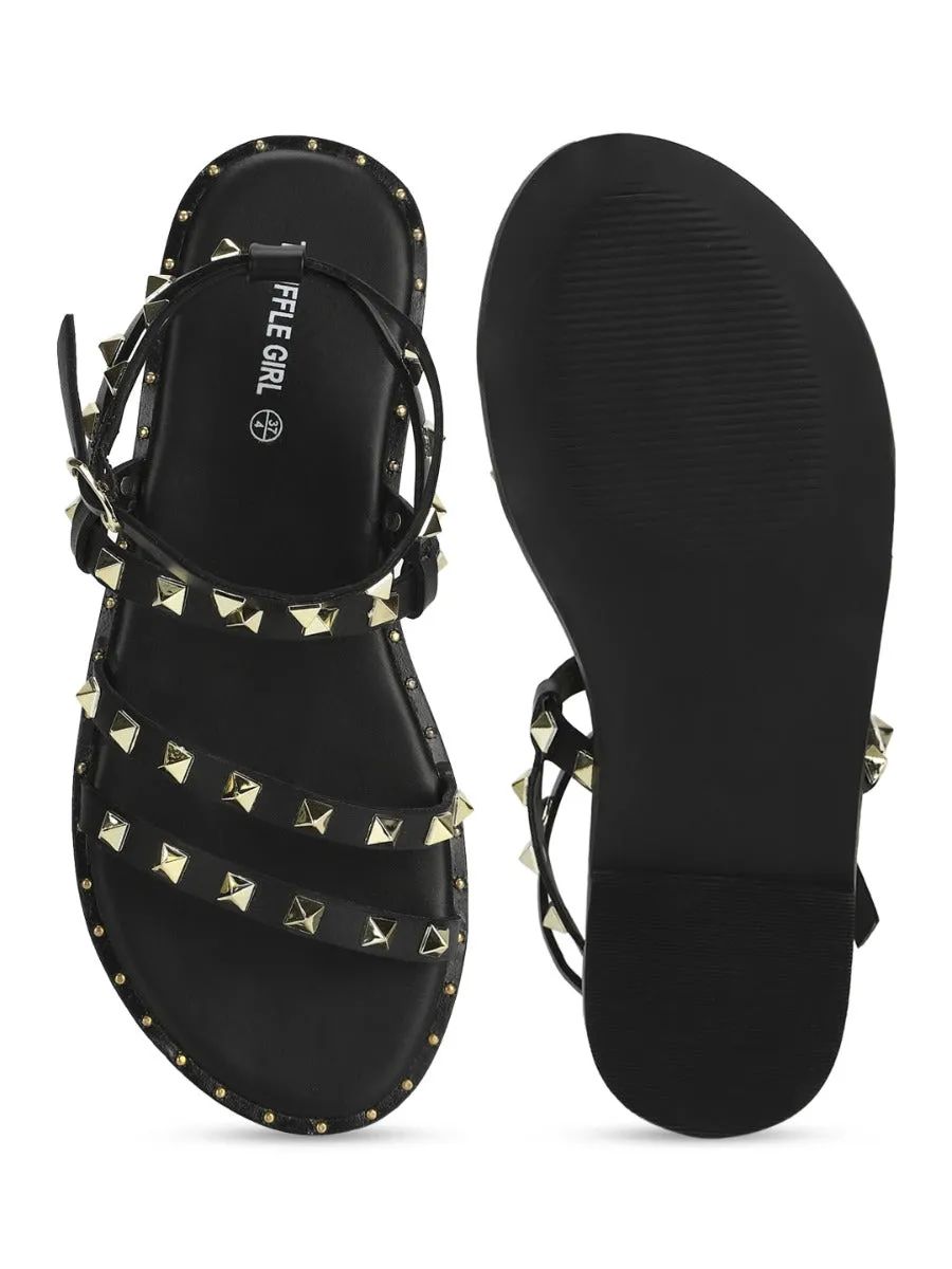 Schwarze PU-Sandalen mit Nieten und flacher Sohle