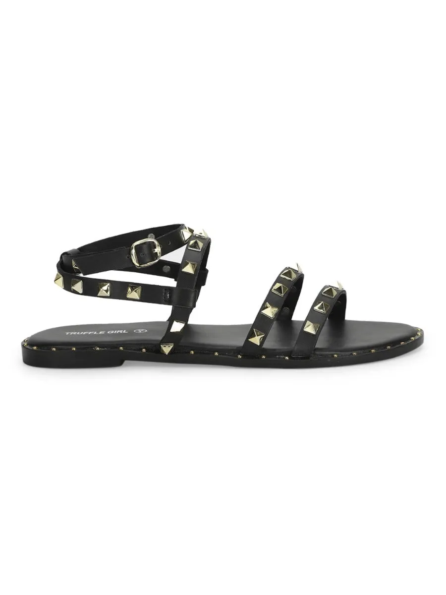 Schwarze PU-Sandalen mit Nieten und flacher Sohle