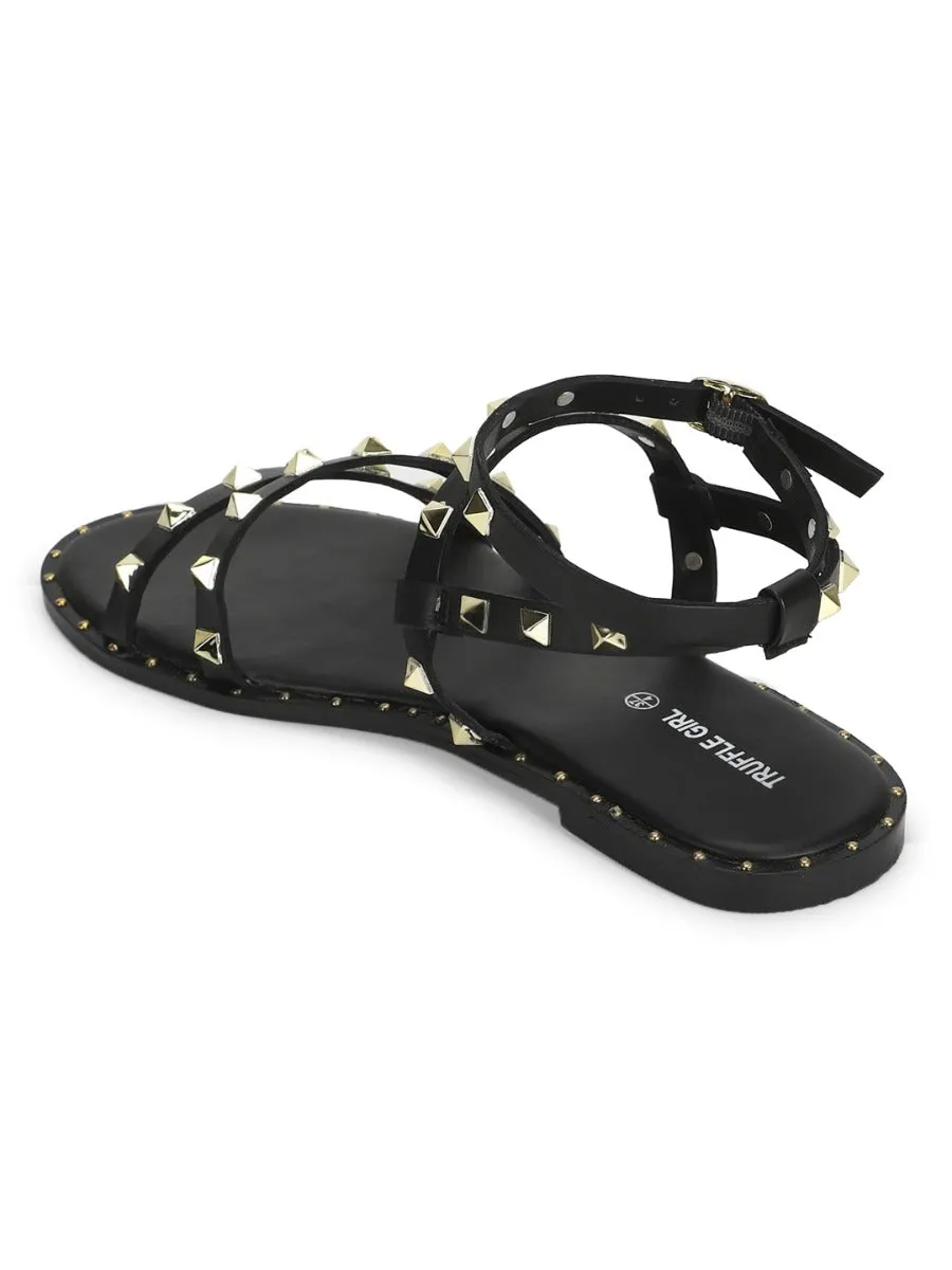 Schwarze PU-Sandalen mit Nieten und flacher Sohle