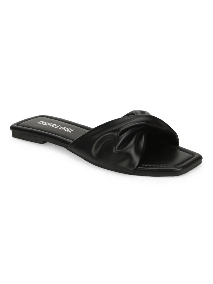 Schwarze PU-Schnürsenkel-Slipper mit gedrehten Bändern