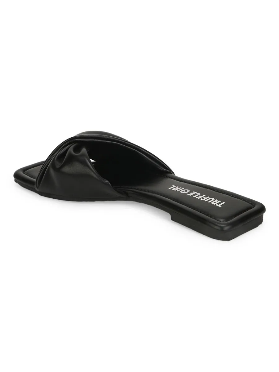 Schwarze PU-Schnürsenkel-Slipper mit gedrehten Bändern