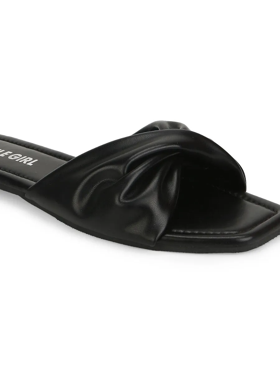 Schwarze PU-Schnürsenkel-Slipper mit gedrehten Bändern