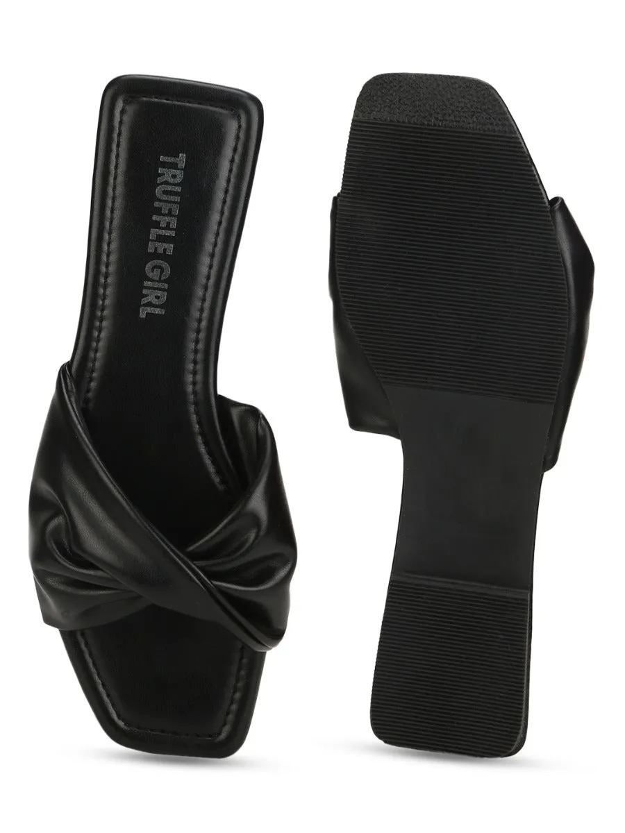 Schwarze PU-Schnürsenkel-Slipper mit gedrehten Bändern