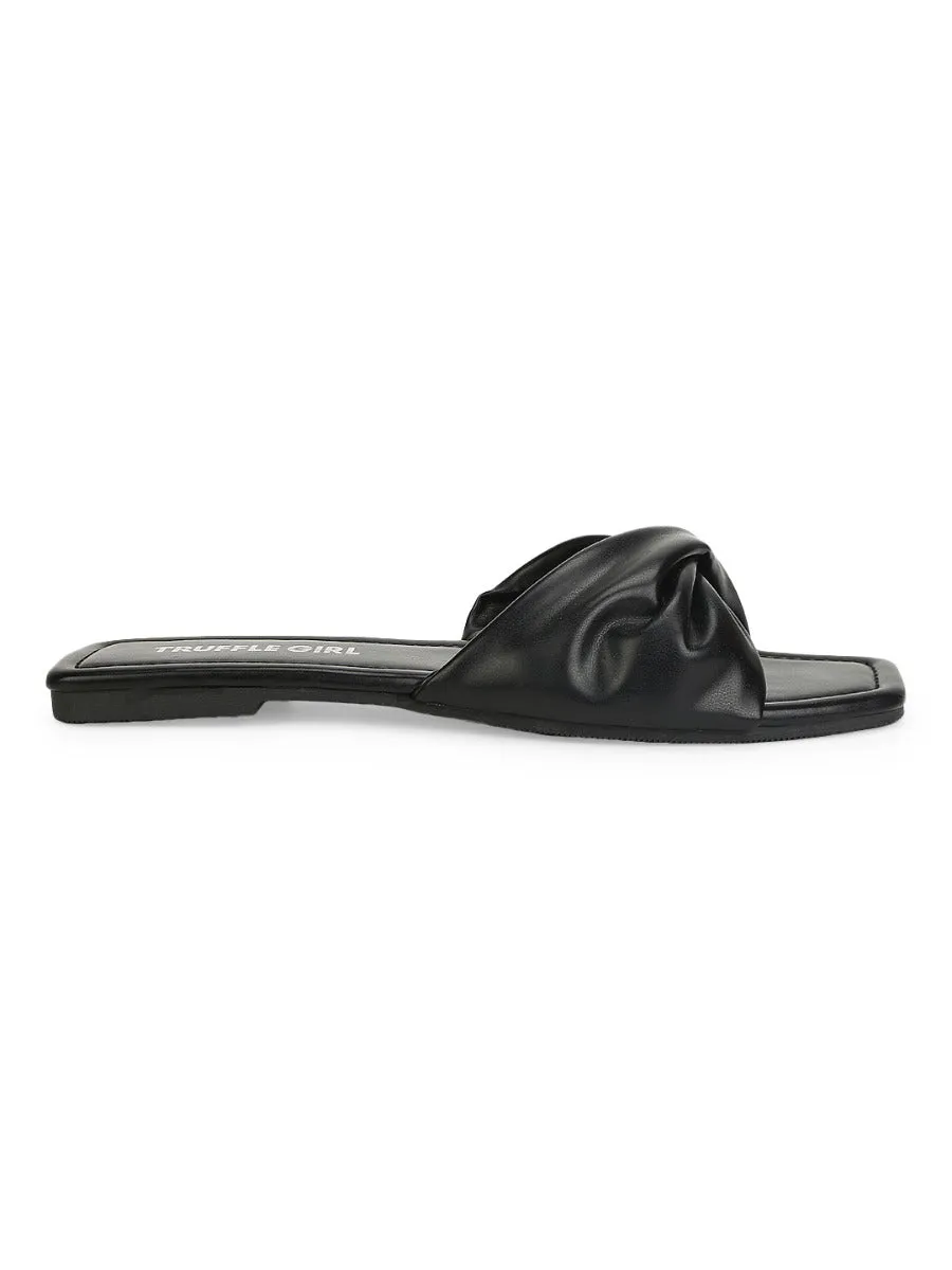 Schwarze PU-Schnürsenkel-Slipper mit gedrehten Bändern