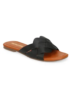Schwarze PU-Gewebeschlupfer mit Klettverschluss