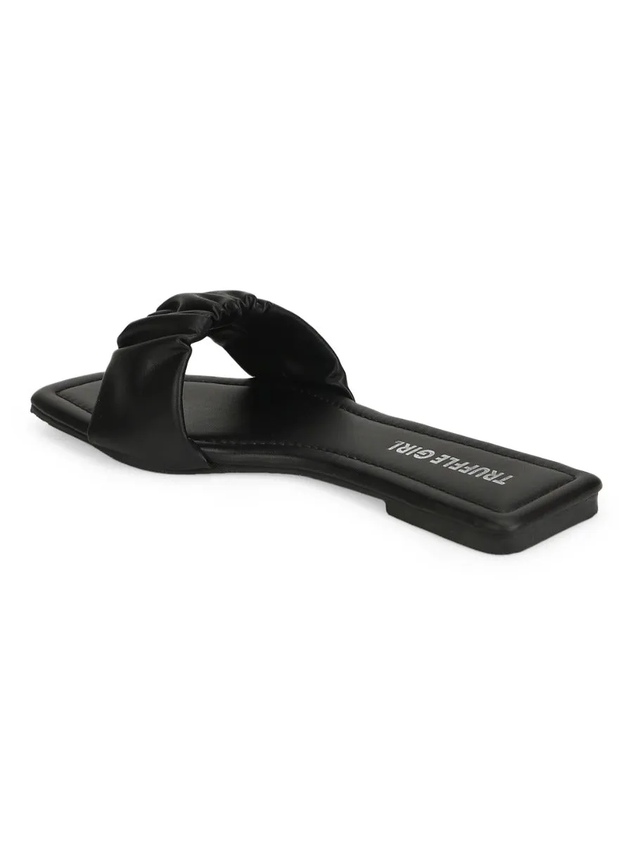 Schwarze PU-Riemchen-Slipper mit Runzeloptik
