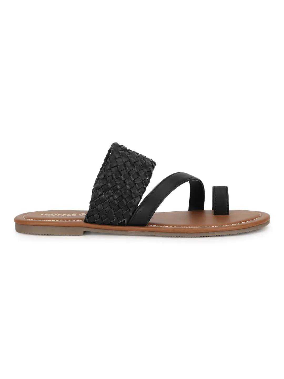 Schwarze Geflochtene PU Flache Schlupf-Sandalen