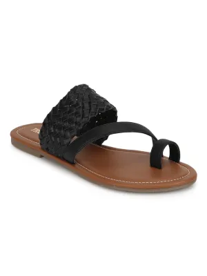 Schwarze Geflochtene PU Flache Schlupf-Sandalen