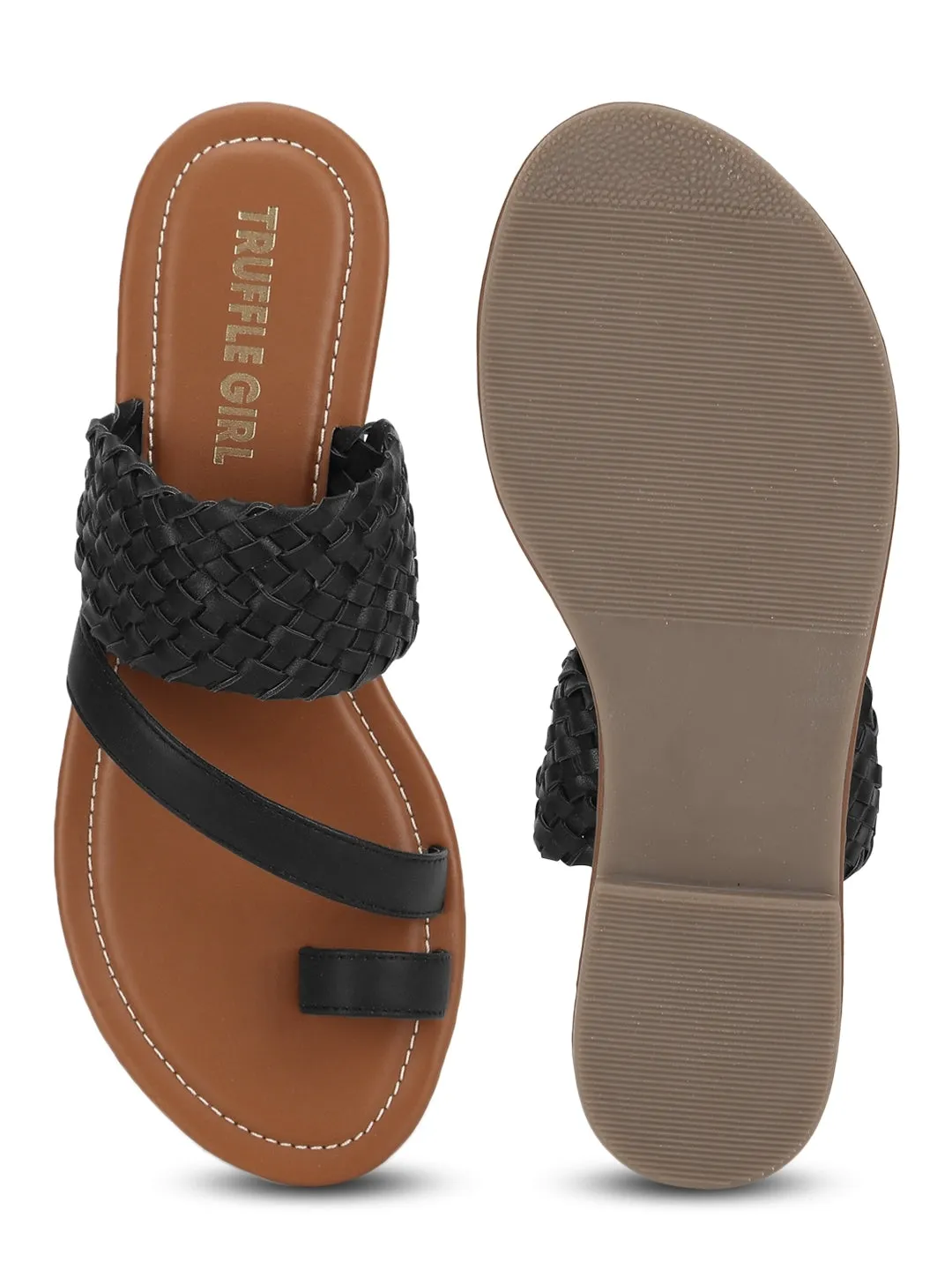 Schwarze Geflochtene PU Flache Schlupf-Sandalen