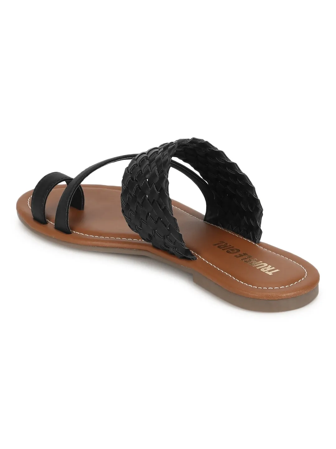 Schwarze Geflochtene PU Flache Schlupf-Sandalen
