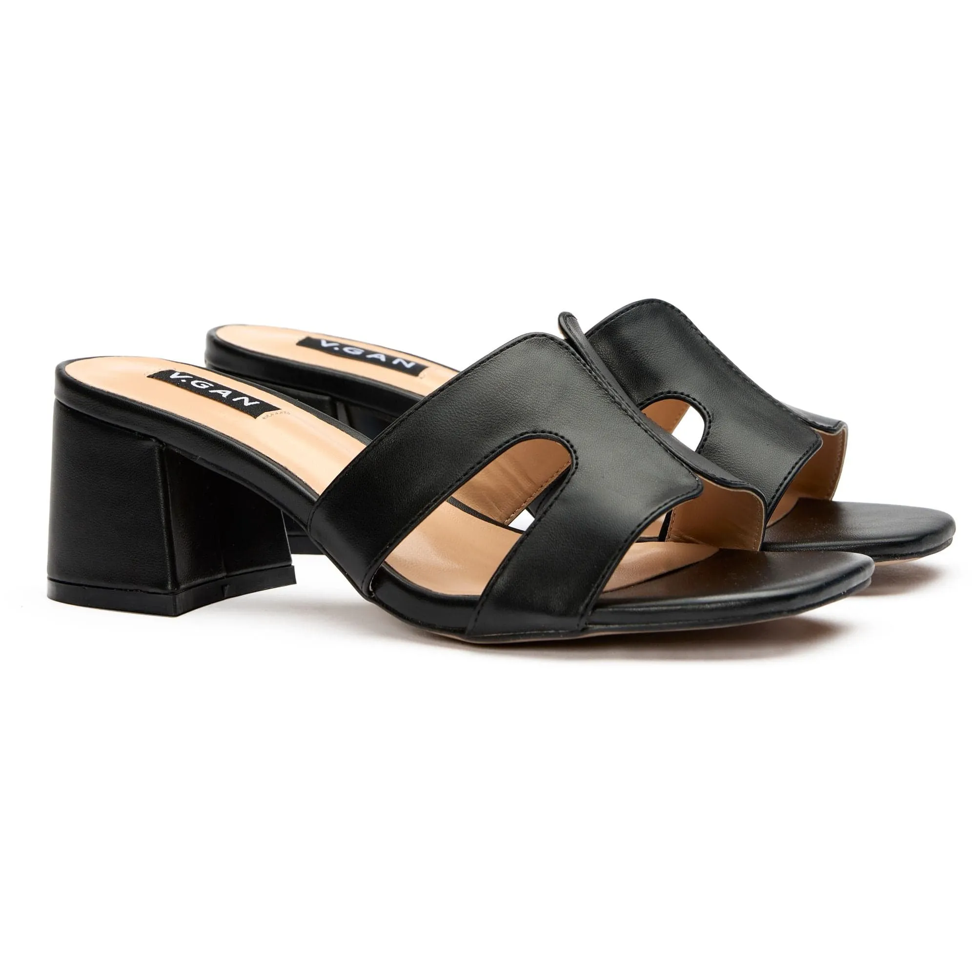 Bok Damen-Vegane-Leder-Mule-Absatz-Sandalen | Schwarz